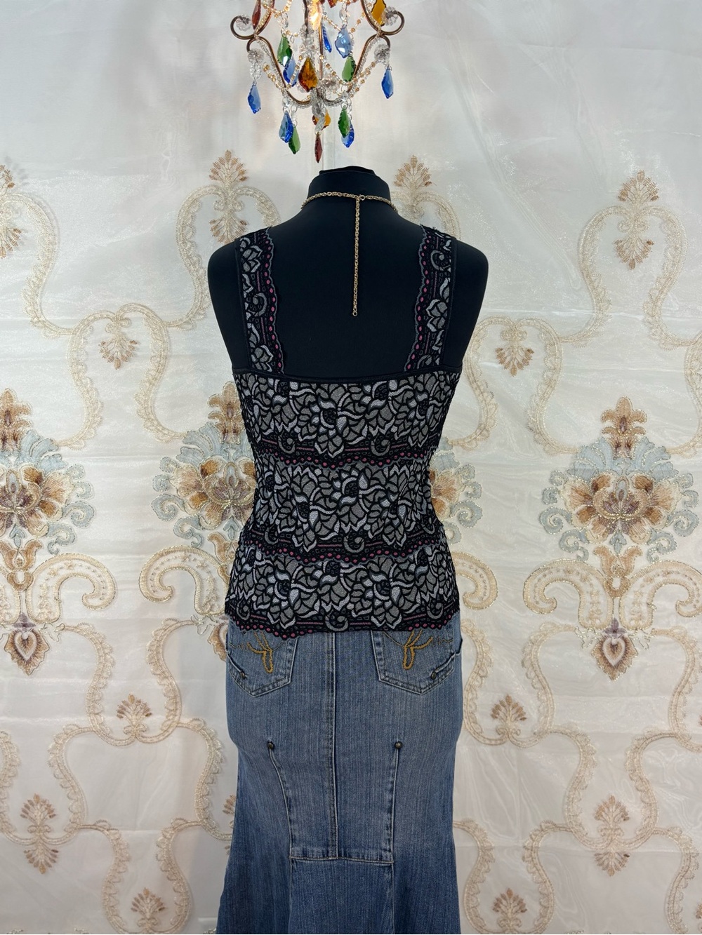 ✨Vintage Y2K Caché Silver & Pink Floral Lace Square Neck Layered Cami✨ - Picture 5 of 7